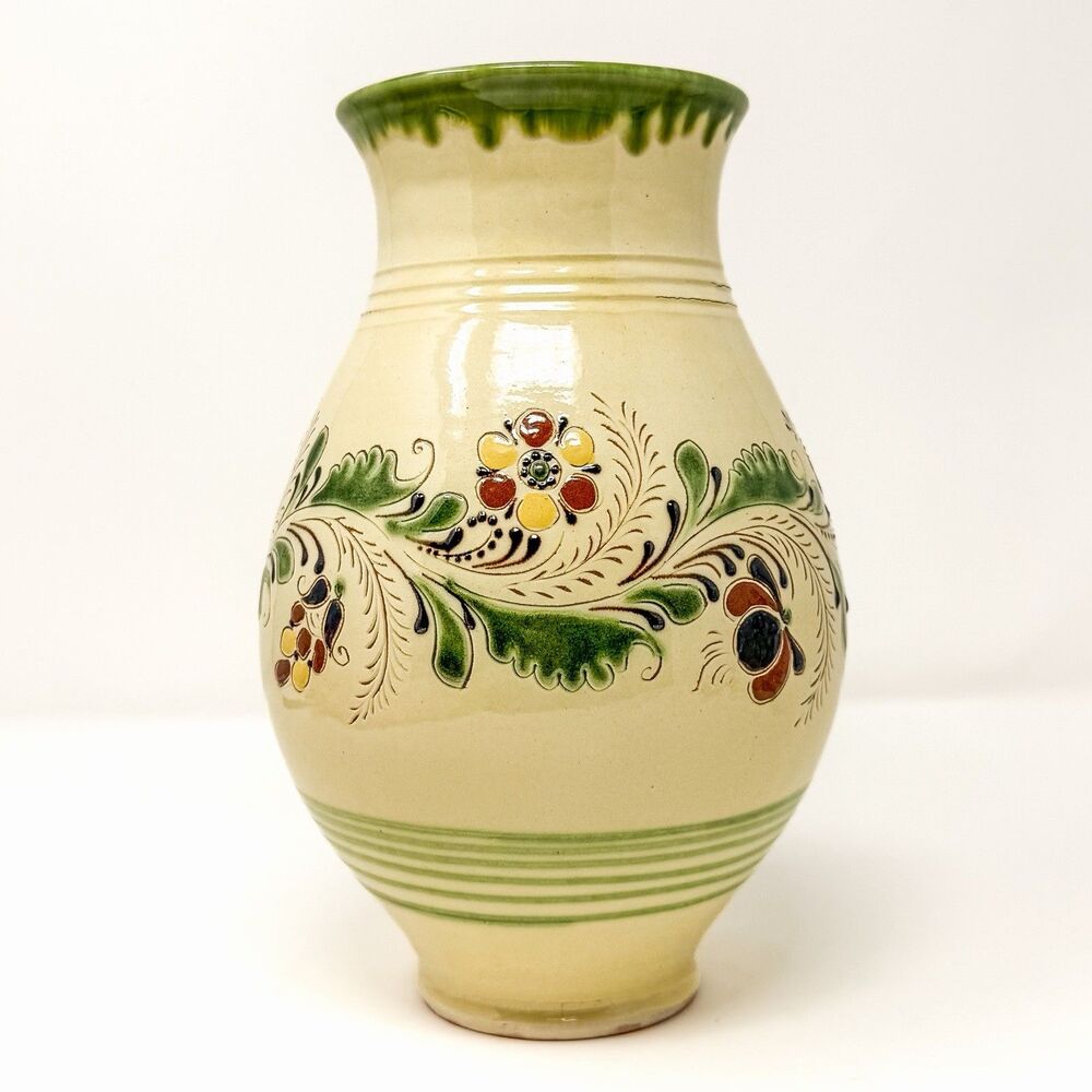 Vintage Hungarian Folk Art Studio Pottery Vase – Hand Painted – Signed 9”